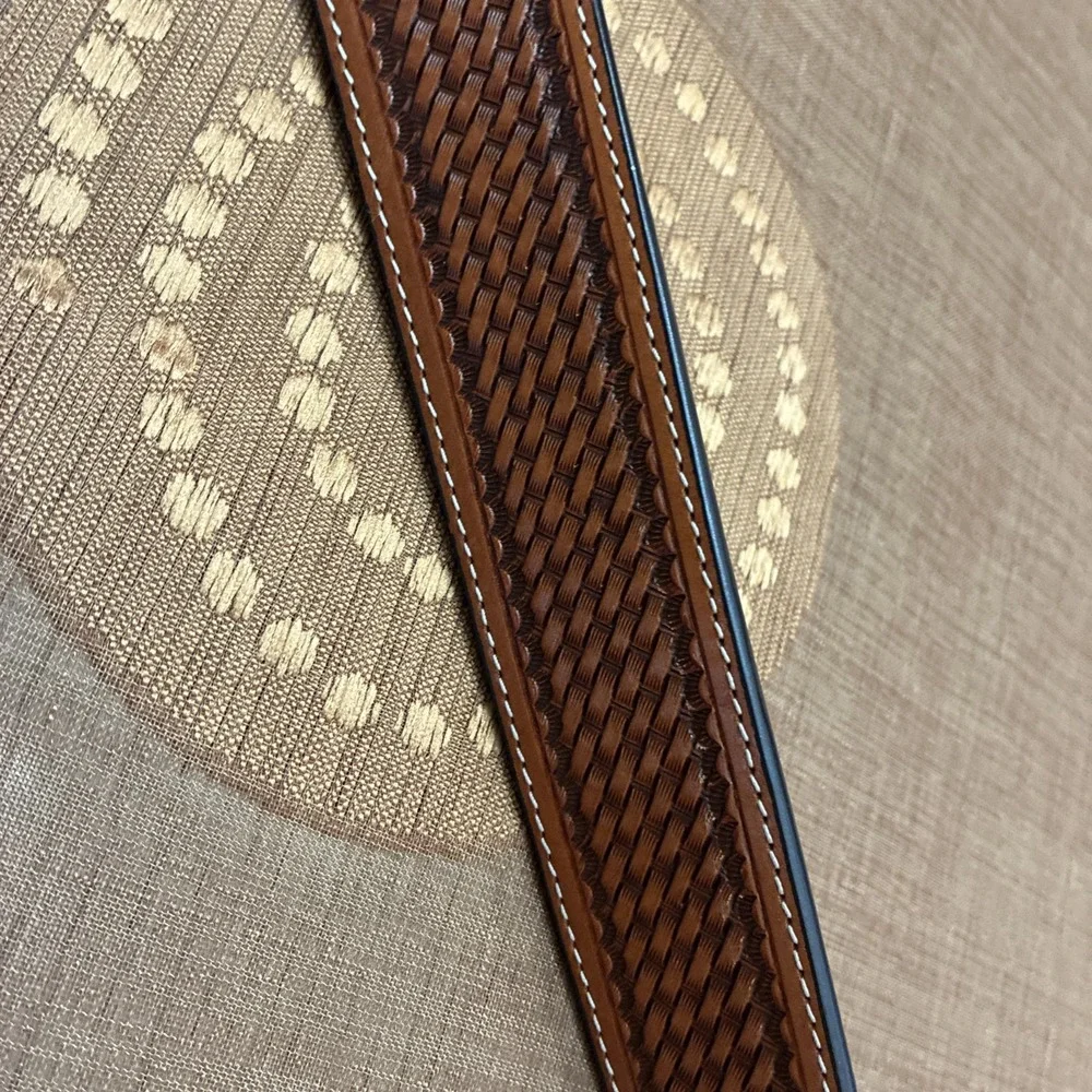 3D Belt Co. Men's Leather Belt Western Buckle Handtool Weave Pattern Sz. 46 NWT